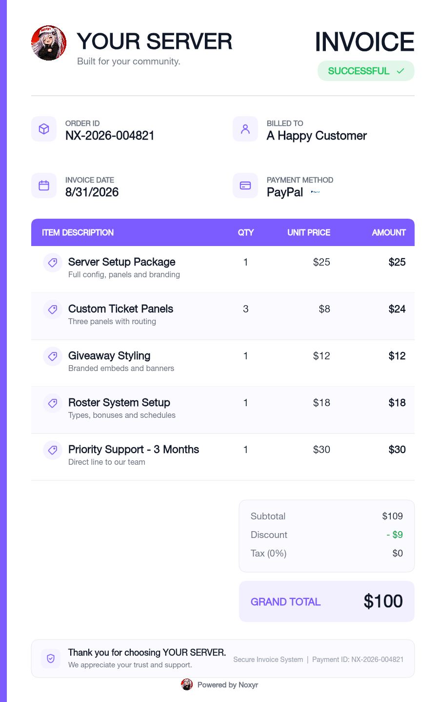 Example invoice with five products and a discount